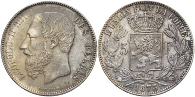 Бельгия 5 франков 1873 Леопольд II (1865-1909), позиция А KM 24 серебро 5010-943