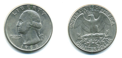 США 25 ЦЕНТОВ = КВОТЕР 1988 ВАШИНГТОН KM А164а медь плакированная медно-никелем 36-1216