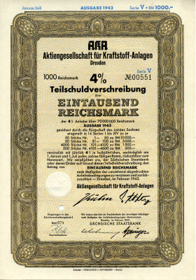 Германия 1000 рейхсмарок 1943 АО топливных заводов, Дрезден, также известное как AKA, 4%частичное обязательство, серия V, облигация   бумага   8802-54-1