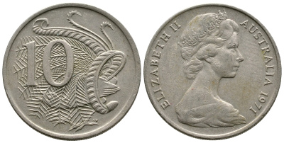 Австралия 10 центов 1971 Елизавета II (1952-), птица лирахвост KM 65 медно-никель 80-214