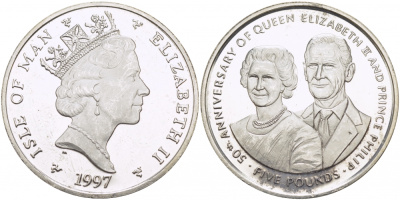 Остров Мэн 5 фунтов 1997 АА, Елизавета и Филипп, золотая свадьба, тираж 5000 экз., микроцарапины КМ 769a серебро PROOF 1081-9-23