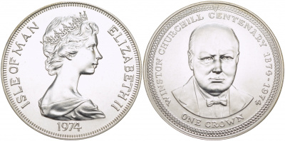 Остров Мэн 1 крона 1974 100 лет со дня рождения Уинстона Черчилля КМ 30a серебро UNC 1081-3-41