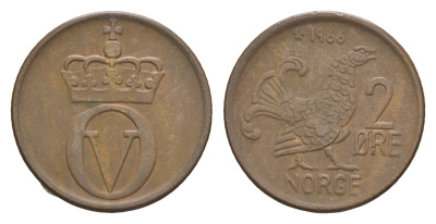 Норвегия 2 эре 1966 глухарь, Улаф V (1958-1991) KM 410 бронза 4649-569