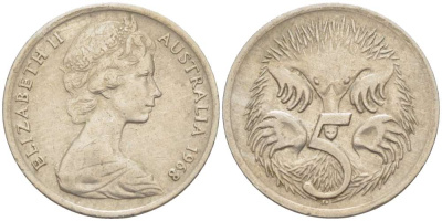 АВСТРАЛИЯ 5 ЦЕНТОВ 1968 ЕЛИЗАВЕТА II (1952-) МОЛОДОЙ ПОРТРЕТ, ЕХИДНА KM 64 медно-никель 4516-649