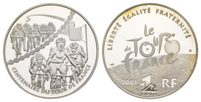 Франция 1 1/2 евро 2003 100 лет велогонкам Тур де Франс, группы велосипедистов, в оригинальной коробке, сертификат KM 1324 серебро  PROOF  1-6-4-60