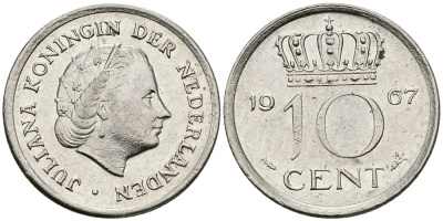 НИДЕРЛАНДЫ 10 ЦЕНТОВ 1967 ЮЛИАНА KM 182 никель 96-421