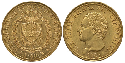 Сардиния 80 лир 1825 l, Карл Феликс (1821-1831) KM 108.1 золото aUNC 00-000-00
