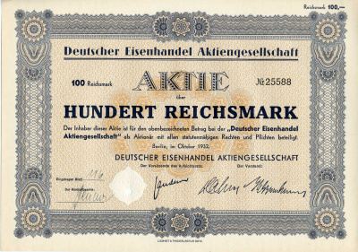 Германия 100 рейхсмарок 1932 Немецкое акционерное общество по торговле железом, акция   бумага  8801-85-1