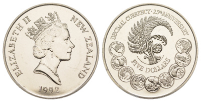 Новая Зеландия 5 долларов 1992 25 лет десятичной системе валюты KM 82 медно-никель BU 1085-8-32