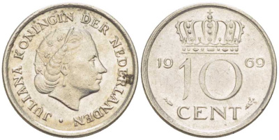 Нидерланды 10 центов 1969 Юлиана (1948-1980) KM 182 никель 214-1238