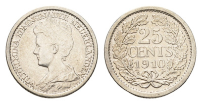 Нидерланды 25 центов 1910 Вильгельмина (1890-1948) KM 146 серебро 1515-1332