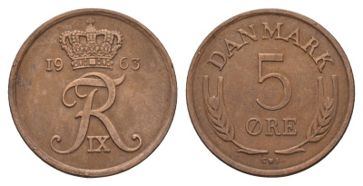 Дания 5 эре 1963 C; S, Фредерик IX (1947-1972) KM 848.1 бронза 3459-913