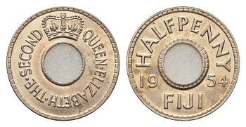 Фиджи 1/2 пенни 1954 год-тип, Елизавета II (1952-2022) KM 20 медно-никель UNC 4687-1123