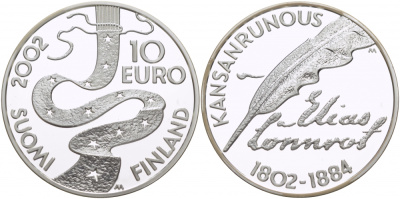 Финляндия 10 евро 2002 Элиас Леннрот, лингвист KM 108 серебро PROOF 11-166-32