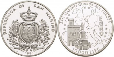 Сан-Марино 10000 лир 1996 Европарламент и карта KM 342 серебро PROOF 1068-3-34
