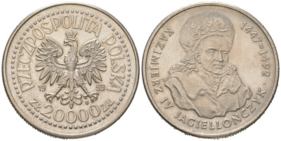Польша 20000 злотых 1993 серия Польские короли, Казимир IV Ягайлович (1447-1492) KM 256 медно-никель  UNC 4512-1114