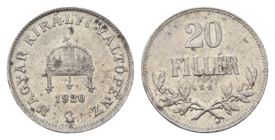 Венгрия 20 филлеров 1920 КВ, Карл I (1916-1918), редкий год KM 498 железо UNC 413-715