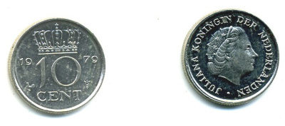 НИДЕРЛАНДЫ 10 ЦЕНТОВ 1979 ЮЛИАНА KM 182 никель 76-355