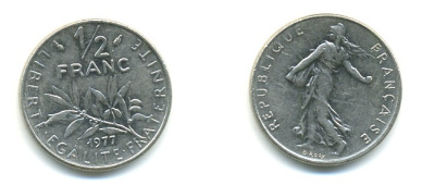 ФРАНЦИЯ 1/2 ФРАНКА 1977 СЕЯТЕЛЬ KM 931.1, LE FRANC 198.16 никель 25-946