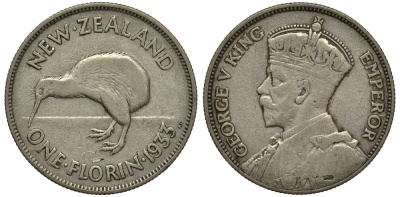 Новая Зеландия 1 флорин 1933 Георг V (1910-1936), птичка киви KM 4 серебро 272-1221