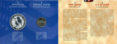 Австралия 1 доллар 1999 (серебро) с памятной маркировкой и США 25 центов 1999 штат Нью-Джерси в красочном буклете 4-5-1-1