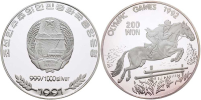 Северная Корея 200 вонов 1991 XXV Олимпийские игры 1992 года в Барселоне, конкур KM 50 серебро PROOF 04-092-14