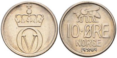 Норвегия 10 эре 1969 пчела, Улаф V (1958-1991) KM 411 медно-никель UNC 4580-965