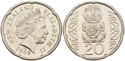 Новая Зеландия 20 центов 2008 Елизавета II (1952-2022), идол Пукаки KM 118а никелированная сталь 4579-1155
