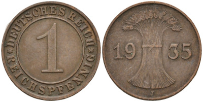 Германия 1 рейхспфенниг 1935 J KM 37, J. 313, Weege 2 бронза 4516-714