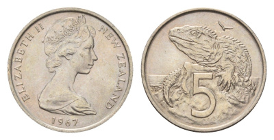 Новая Зеландия 5 центов 1967 Елизавета II (1952-2022), ящерица гаттерия KM 34 медно-никель UNC 4669-619