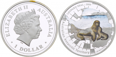 Австралия 1 доллар 2005 антарктические территории, морской леопард, эмаль серебро KM 1018 ​PROOF 01-173-14
