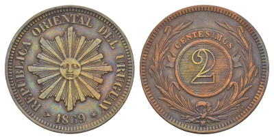 Уругвай 2 сентесимо 1869 год-тип KM 12 бронза 1519-1233