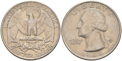 США 25 ЦЕНТОВ = КВОТЕР 1988 P, ВАШИНГТОН KM A164a медь плакированная медно-никелем 4114-924