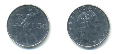 ИТАЛИЯ 50 ЛИР 1979 R, КУЗНЕЦ KM 95.1 нержавеющая сталь 3999-1254