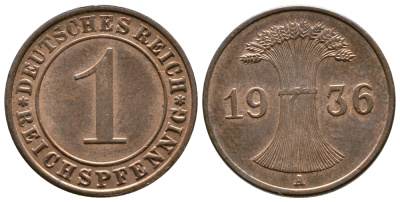 Германия 1 рейхспфенниг 1936 A KM 37, J. 313 бронза 220-1328