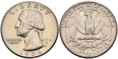 США 25 центов = квотер 1986 D, Вашингтон KM A164a медь плакированная медно-никелем 4584-1231