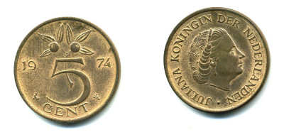 НИДЕРЛАНДЫ 5 ЦЕНТОВ 1974 ЮЛИАНА KM 181 бронза 76-445