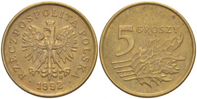 Польша 5 грошей 1992 MW KM 278 латунь 100-1235