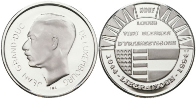Люксембург 500 франков 1994 50 лет освобождению, Жан (1964-2000) KM 69 серебро PROOF 11-146-12