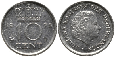 Нидерланды 10 центов 1978 Юлиана (1948-1980) КМ 182 никель 4609-457