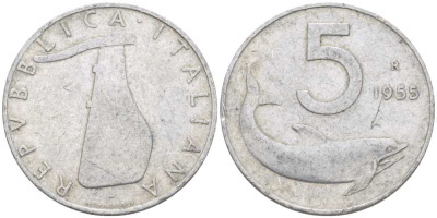 ИТАЛИЯ 5 ЛИР 1955 R, РУЛЬ, ДЕЛЬФИН KM 92 алюминий 175-132