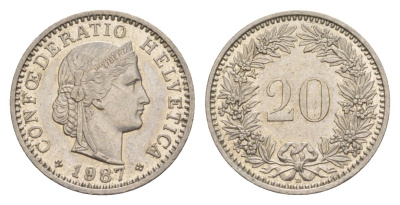 Швейцария 20 раппенов 1987 KM 29a медно-никель aUNC 4632-465