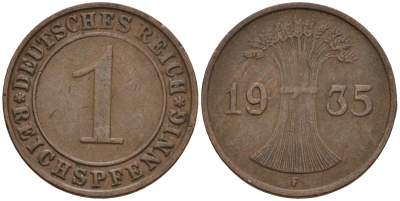 Германия 1 рейхспфенниг 1935 F KM 37, J. 313 бронза 4124-848