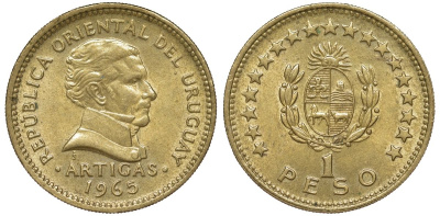 Уругвай 1 песо 1965 KM 46 алюминиевая бронза 34-535