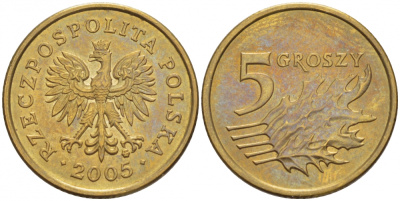 ПОЛЬША 5 ГРОШЕЙ 2005 MW KM 278 латунь UNC 4516-1164