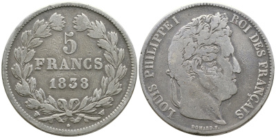 Франция 5 франков 1838 W, Луи Филипп I (1830-1848) KM 749.13 серебро 1066-6-51