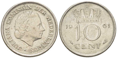 НИДЕРЛАНДЫ 10 ЦЕНТОВ 1961 ЮЛИАНА (1948-1980) KM 182 никель 214-1156