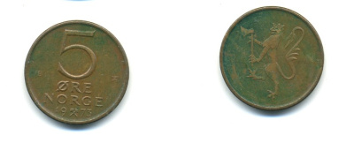 Норвегия 5 эре 1973 Улаф V (1958-1991) ​KM 415 бронза 80-546