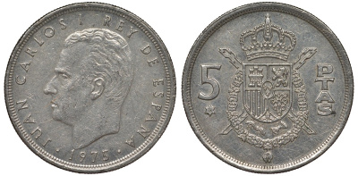 Испания 5 песет 1975 (76) Хуан Карлос I (1975-2001) KM 807 медно-никель 4128-1014