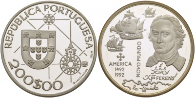 Португалия 200 эскудо 1992 Новый мир - Америка  KM 660а серебро PROOF 00-00